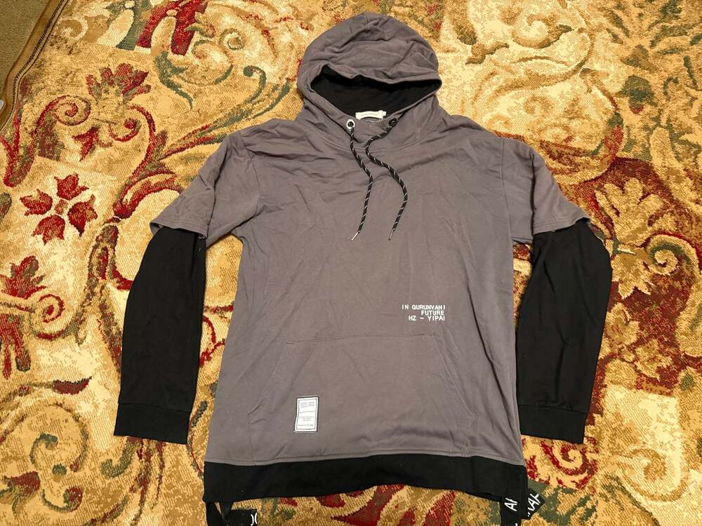 GurunVani Men's Layered Fake Two-Piece Streetwear Hoodie Grey/Black